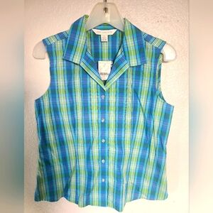 Petite Sophisticate Button Down Blue Green Plaid Sleeveless Shirt Size 6